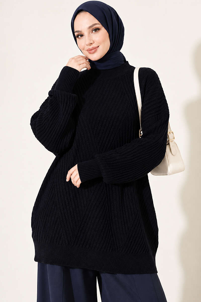 Cross-Fit Patterned Long Knit Tunic Dark Navy - Afbeelding 2