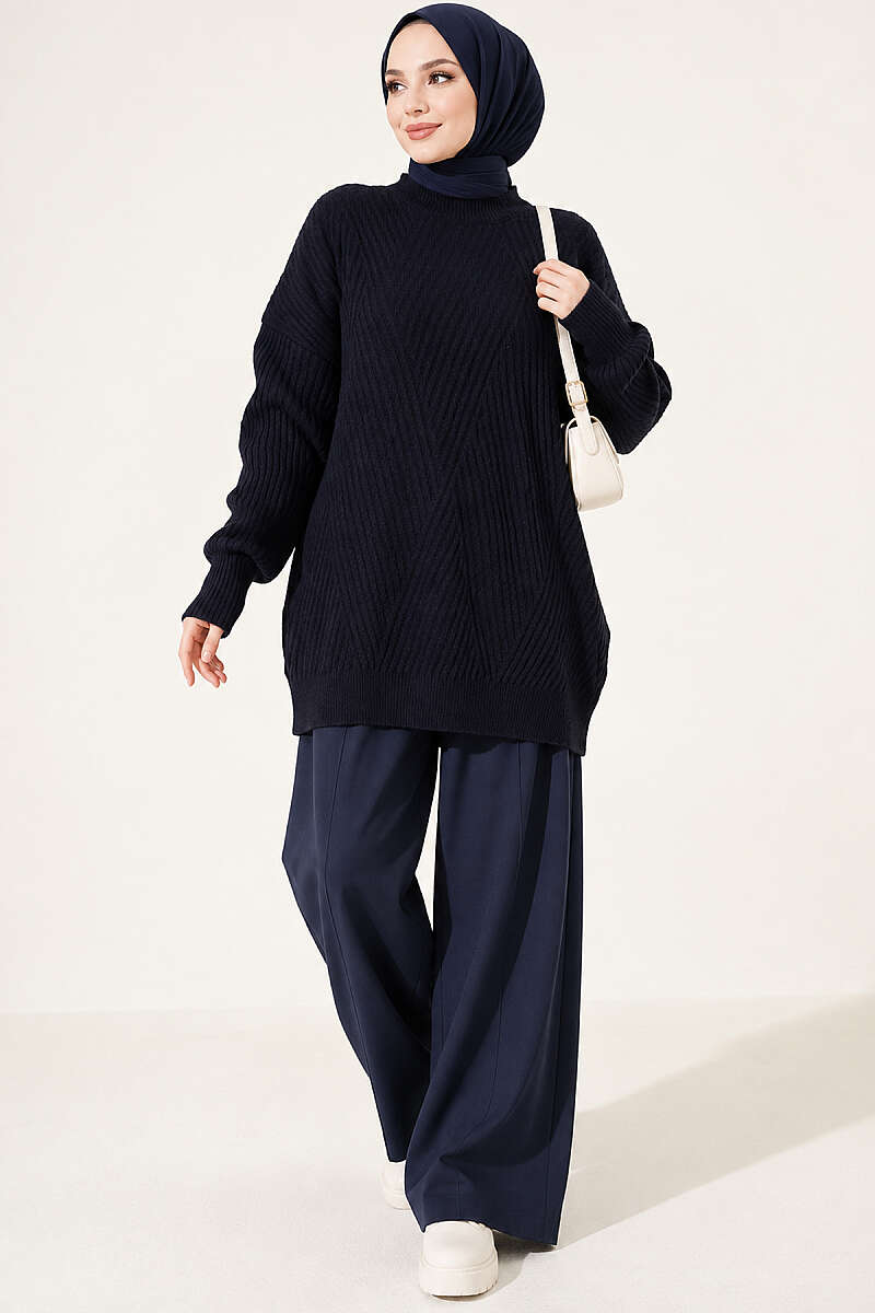 Cross-Fit Patterned Long Knit Tunic Dark Navy - Afbeelding 3