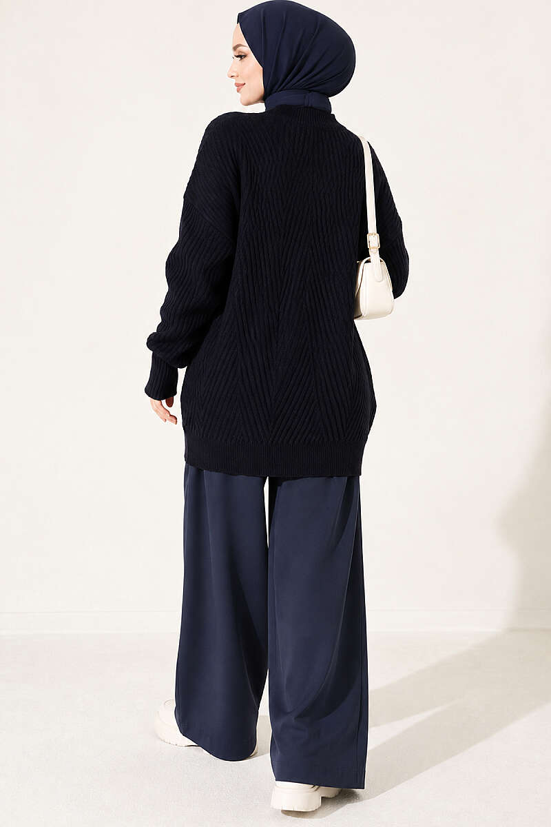 Cross-Fit Patterned Long Knit Tunic Dark Navy - Afbeelding 4