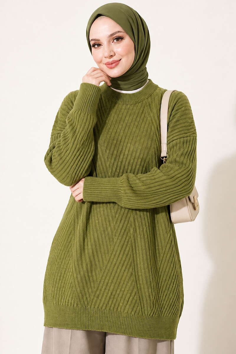 Cross-Fit Patterned Long Knit Tunic Green
