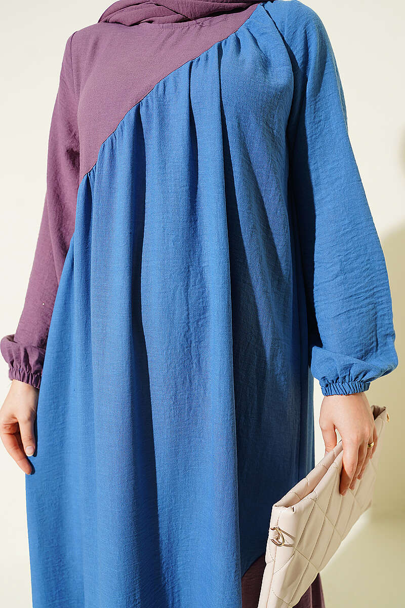 Cross-Trimmed Linen Dress Blue – Bild 4