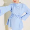 Cross Neck Hidden Button Shirt Blue