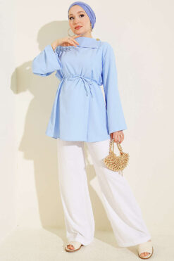 Alternative view of Cross Neck Hidden Button Shirt Blue