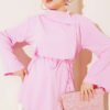 Cross Neck Hidden Button Shirt Pink