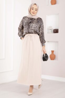 Pocket Detail Elastic Waist Hem Edge Skirt Beige