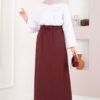 Pocket Detail Elastic Waist Hem Edge Skirt Burgundy