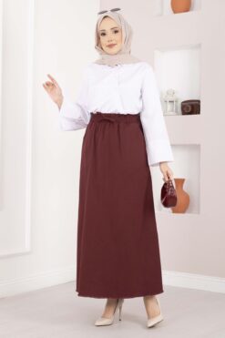 Pocket Detail Elastic Waist Hem Edge Skirt Burgundy