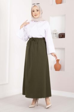Pocket Detail Elastic Waist Hem Edge Skirt Khaki