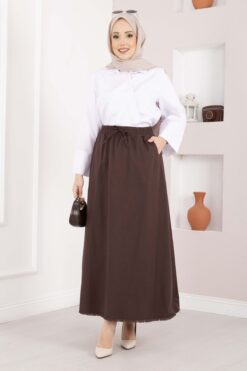 Pocket Detail Elastic Waist Hem Edge Skirt Brown