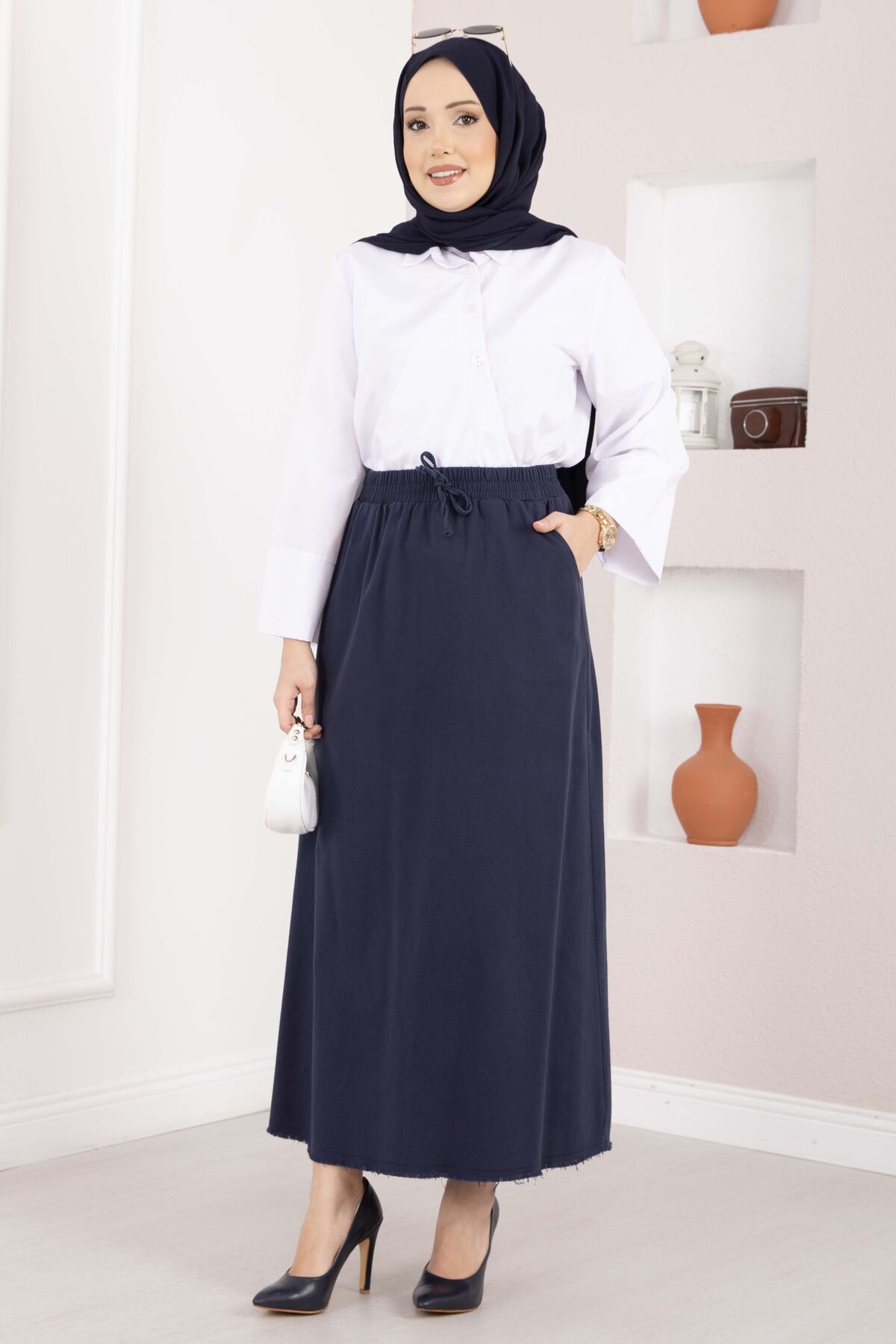 Pocket Detail Elastic Waist Hem Edge Skirt Navy Blue - Afbeelding 3