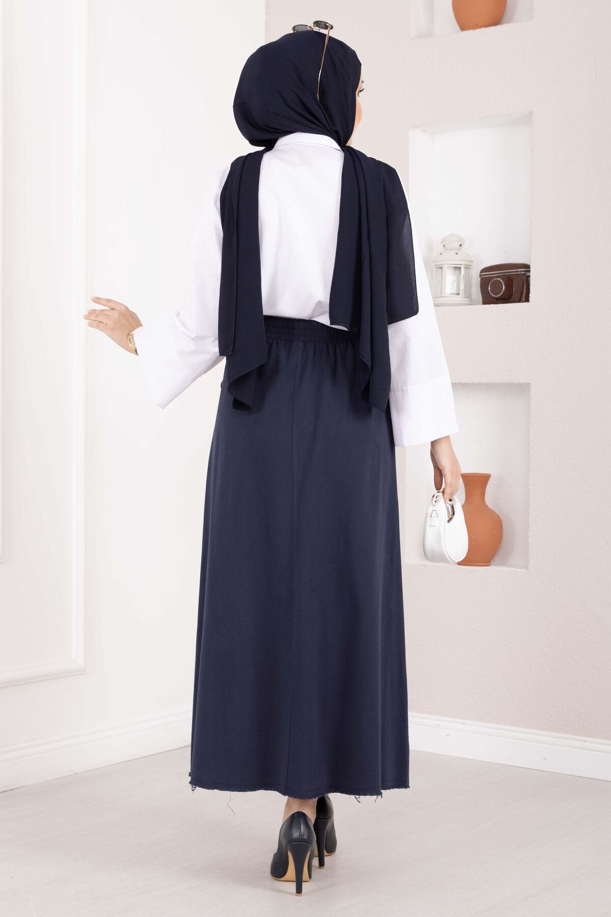 Pocket Detail Elastic Waist Hem Edge Skirt Navy Blue - Afbeelding 4