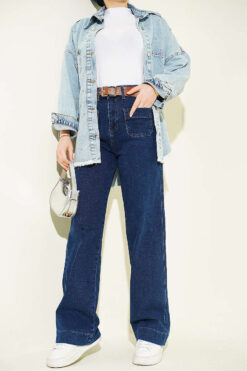 Pocket Detailed Belted Pants Dark Blue