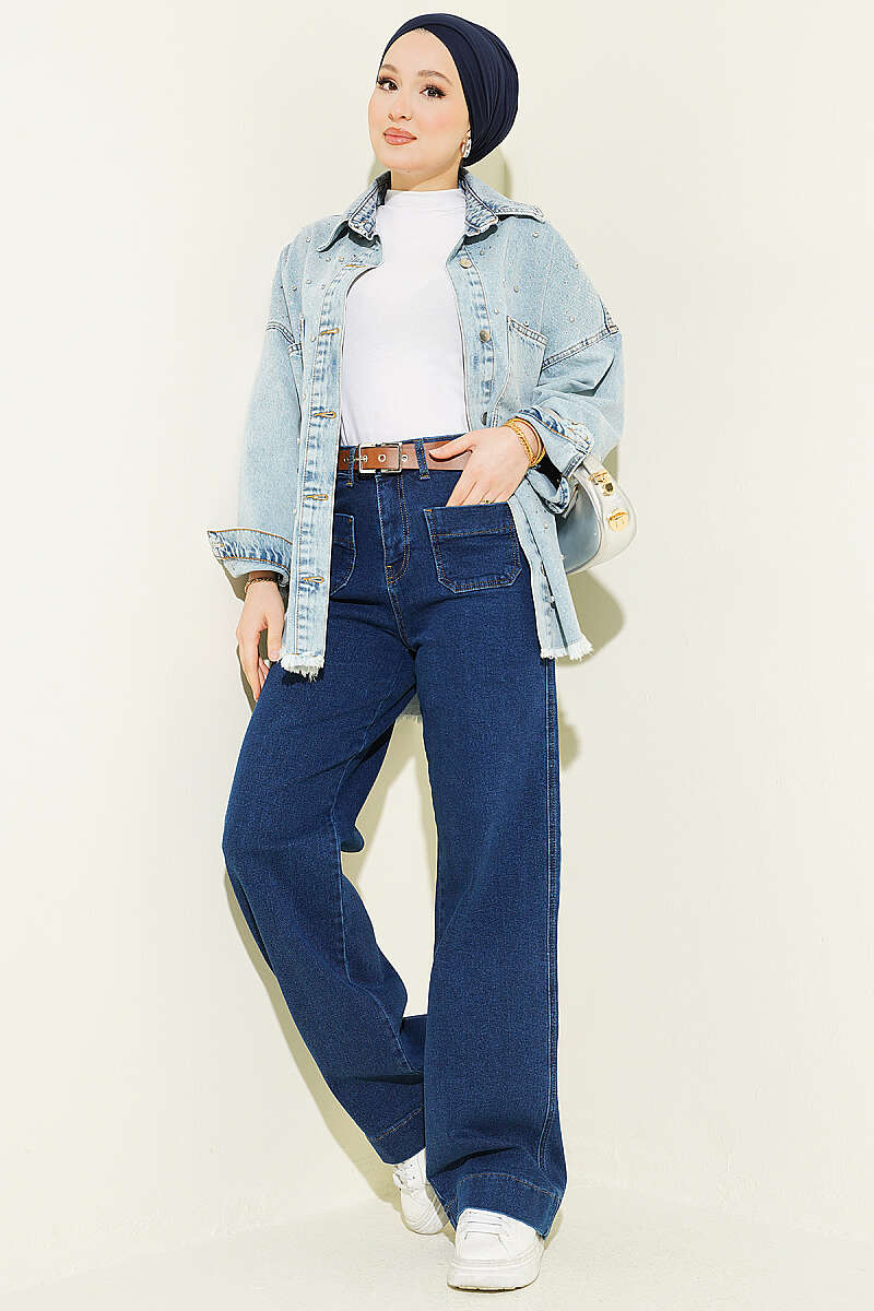 Pocket Detailed Belted Pants Dark Blue - Imagen 2