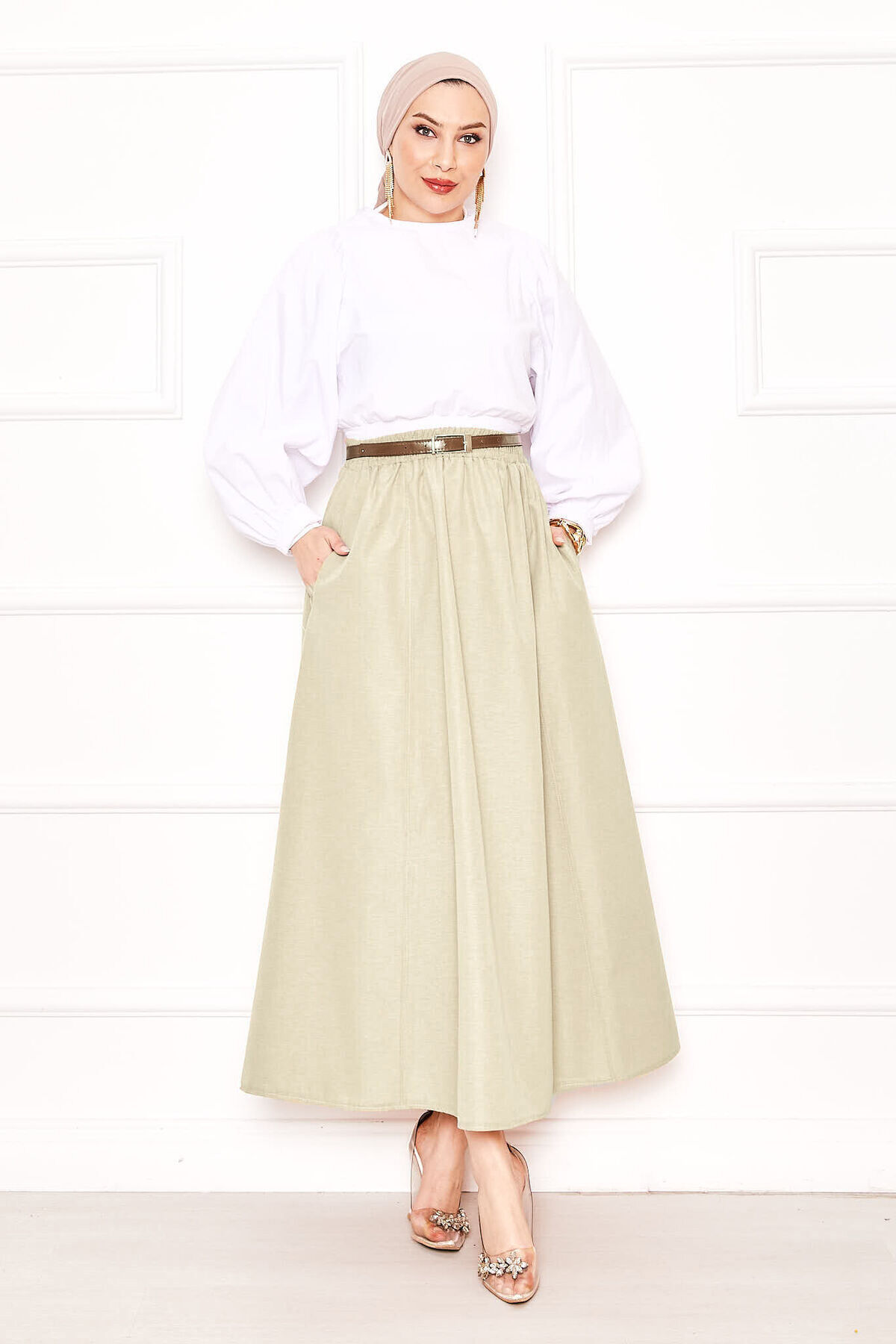 Sporty French Terry Two-Piece Set with Pocket Detail and Hem Edge Beige - Imagen 3