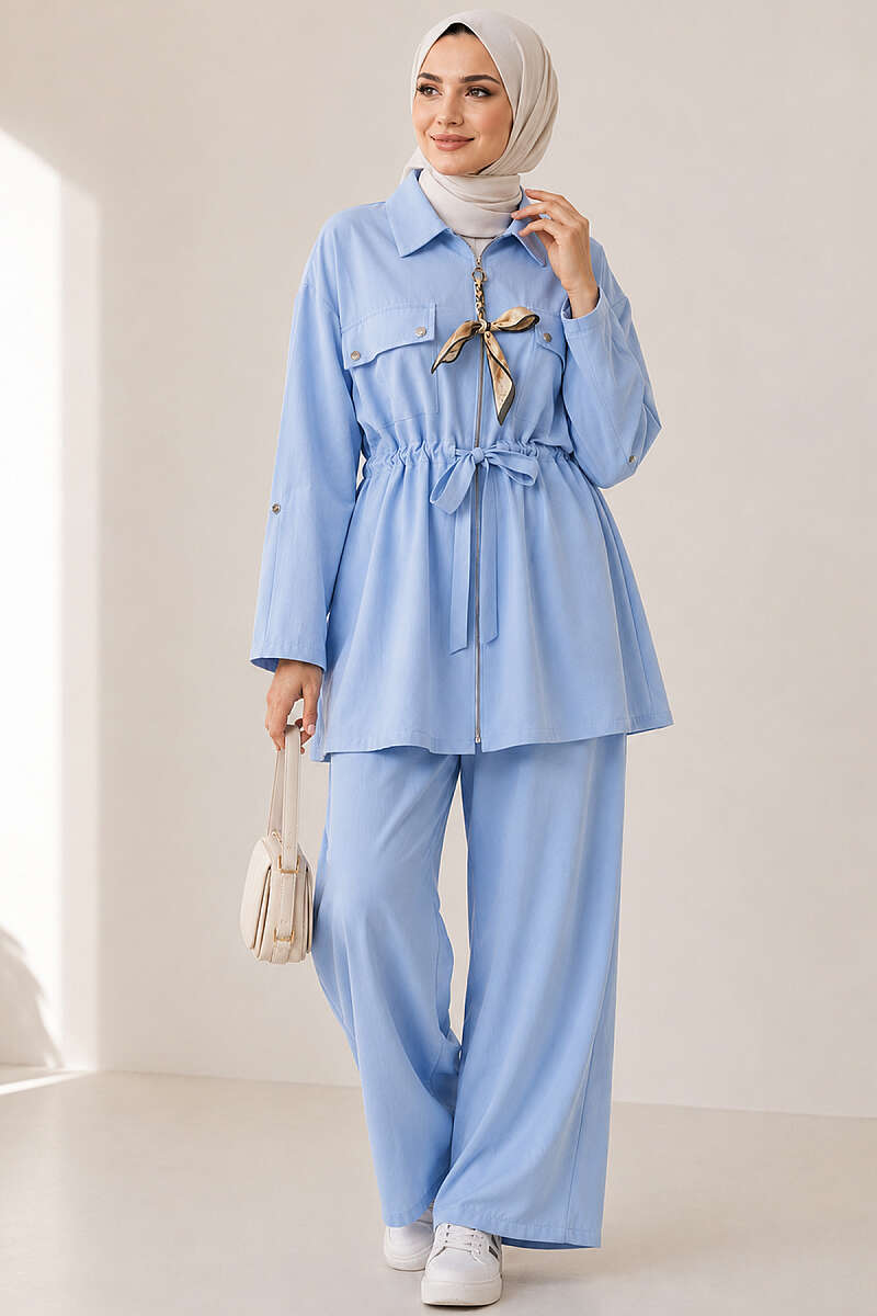 Pocket Flap Waist Tunic Set Baby Blue - Image 2
