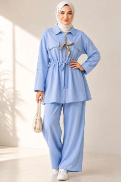 Pocket Flap Waist Tunic Set Baby Blue