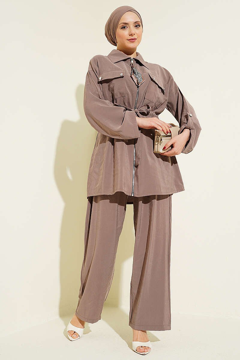 Pocket Flap Waist Tunic Set Mink