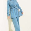 Stone-Embellished Belted Denim Two-Piece Set Light Blue