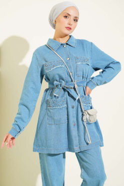 Alternative view of Stone-Embellished Belted Denim Two-Piece Set Light Blue