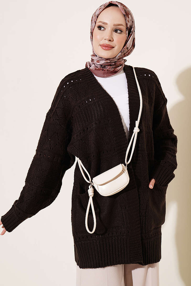 Buttoned French terry cardigan with pocket details Dark Brown