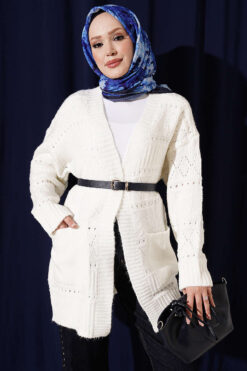 Buttoned French terry cardigan with pocket details Ecru