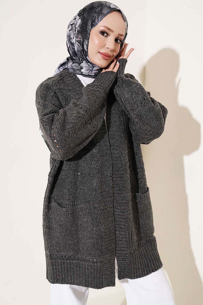 Buttoned French terry cardigan with pocket details Smoke