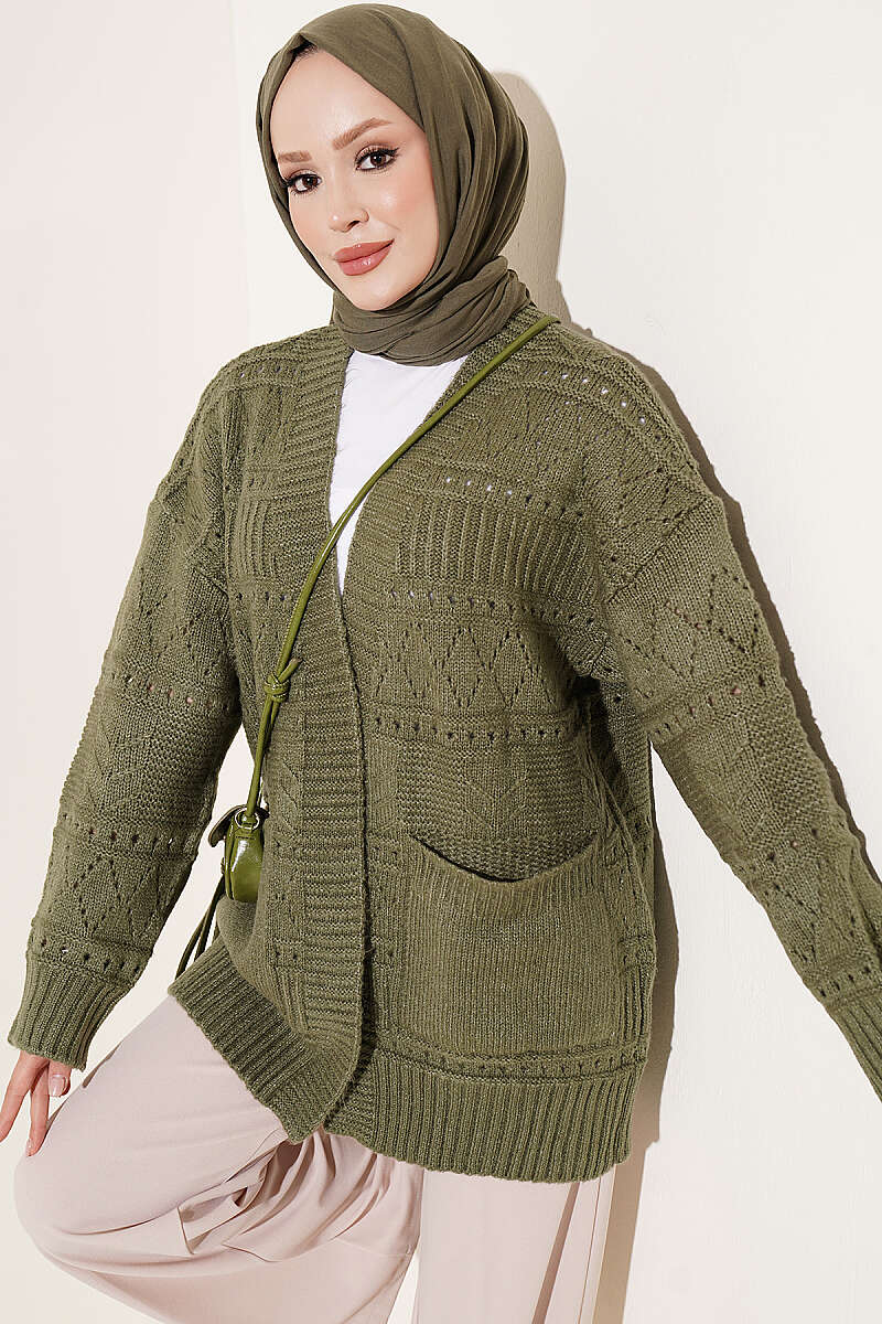 Buttoned French terry cardigan with pocket details Khaki