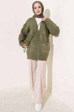 Alternative view of Buttoned French terry cardigan with pocket details Khaki
