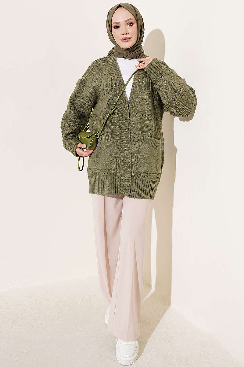Buttoned French terry cardigan with pocket details Khaki – Bild 2