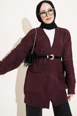 Buttoned French terry cardigan with pocket details Plum