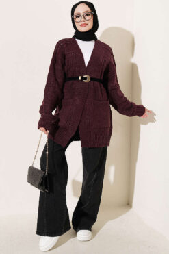 Alternative view of Buttoned French terry cardigan with pocket details Plum