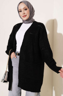 Buttoned French terry cardigan with pocket details Black