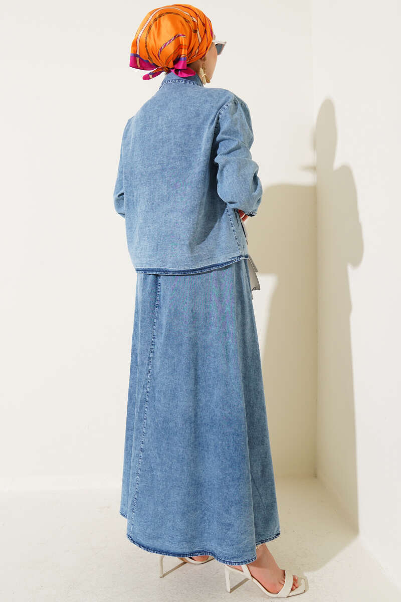 Pocket Buttoned Skirt Denim Set Light Blue - الصورة 3