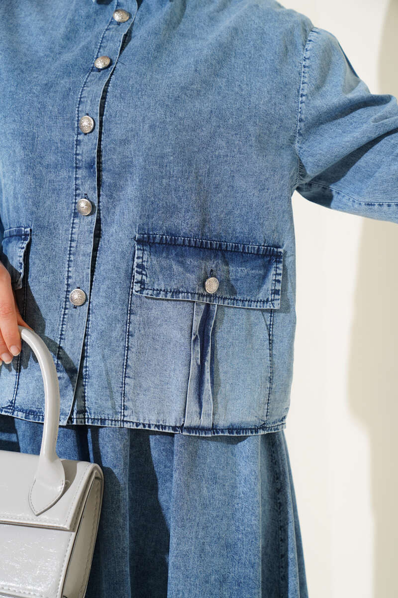 Pocket Buttoned Skirt Denim Set Light Blue - الصورة 4