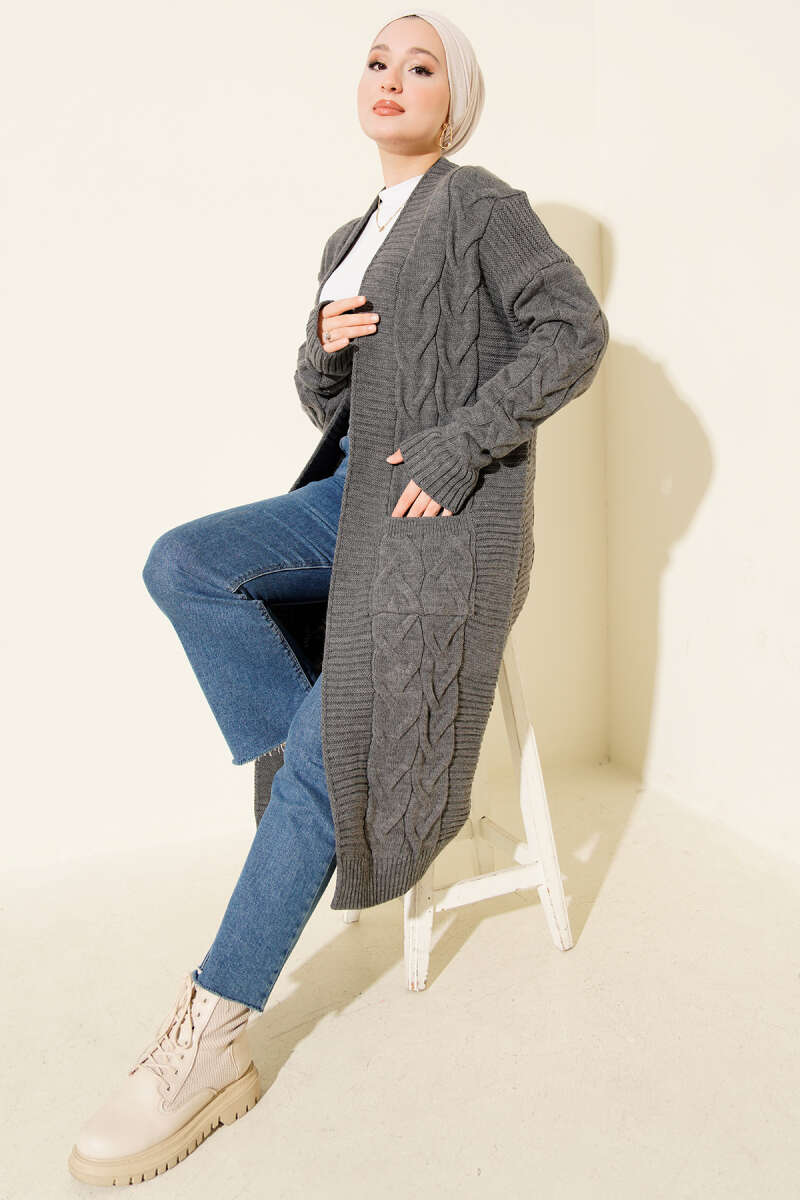 Pocketed Knitted Patterned Long Cardigan Smoke - الصورة 2