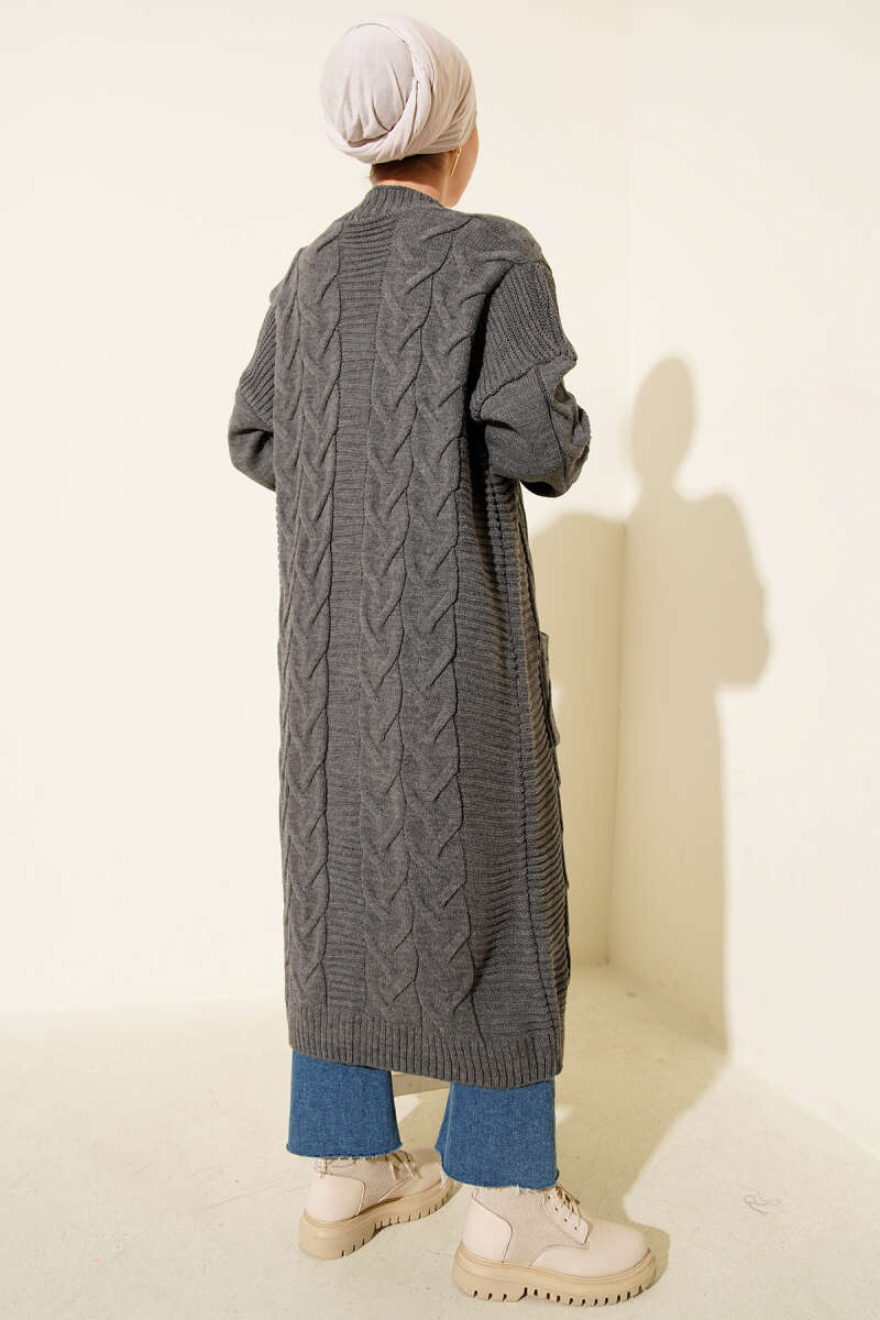 Pocketed Knitted Patterned Long Cardigan Smoke - الصورة 3