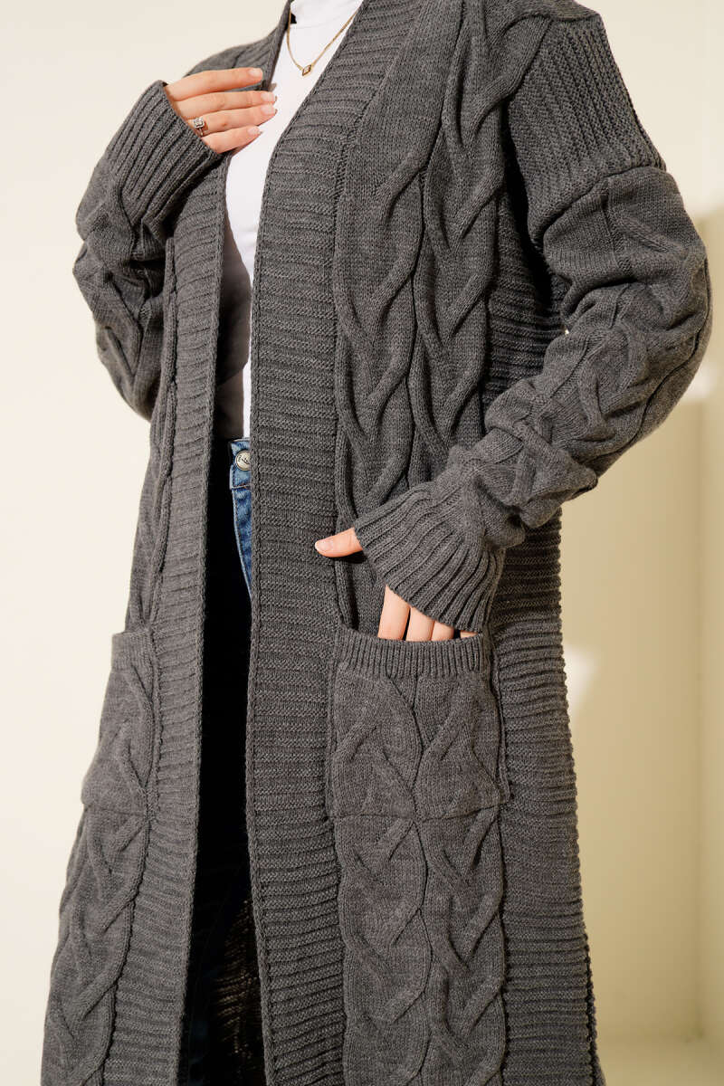 Pocketed Knitted Patterned Long Cardigan Smoke - الصورة 4