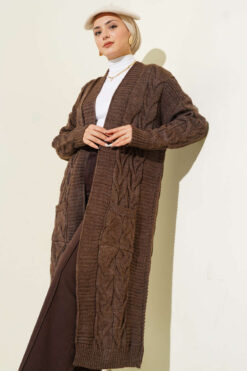 Alternative view of Pocketed Knitted Patterned Long Cardigan Brown