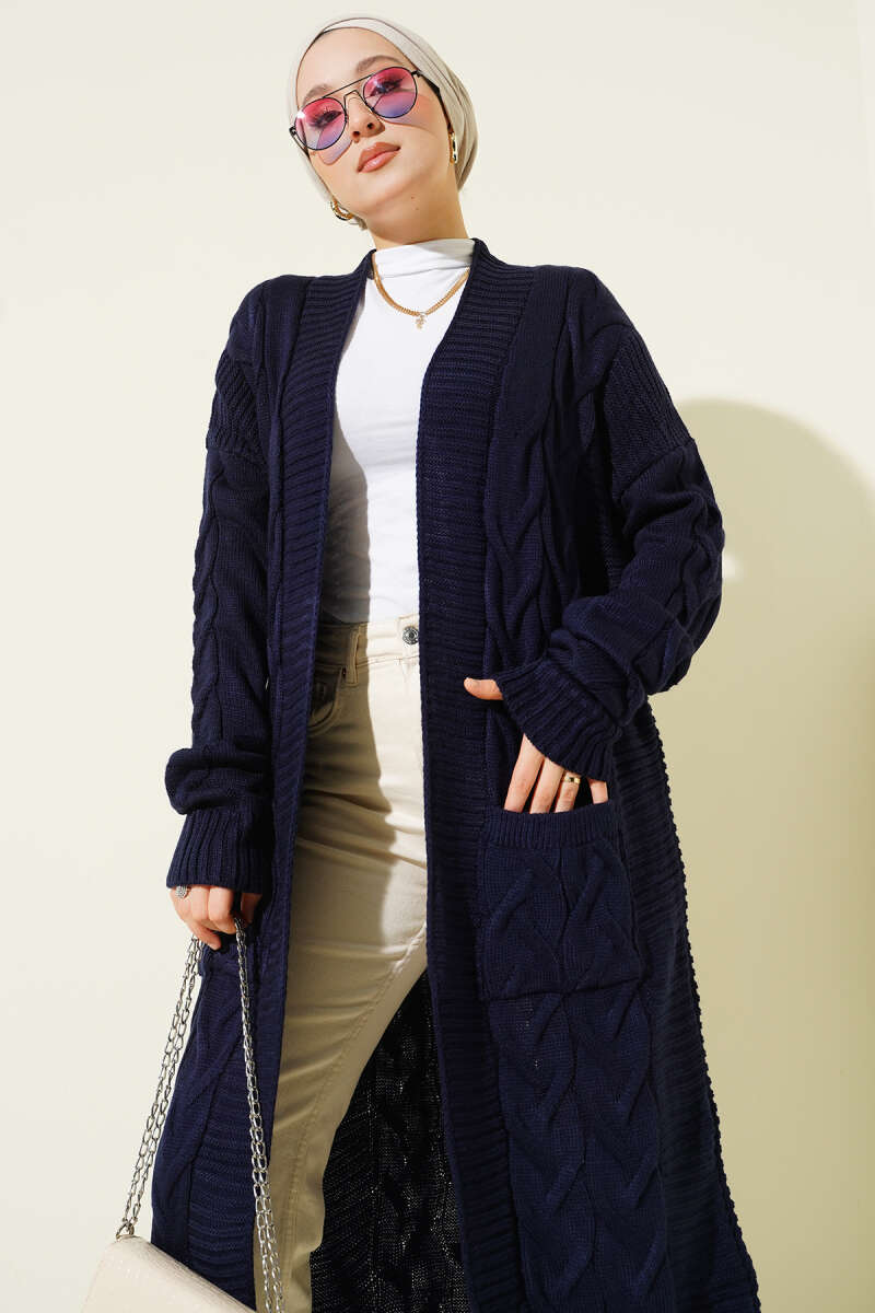 Pocketed Knitted Patterned Long Cardigan Navy Blue - الصورة 2