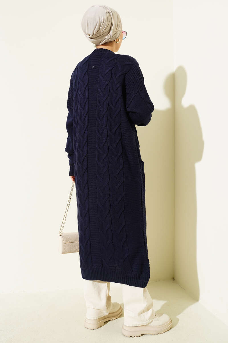 Pocketed Knitted Patterned Long Cardigan Navy Blue - الصورة 3