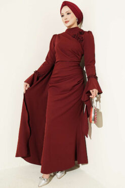 Floral Appliqué Cape-Style Evening Gown Burgundy