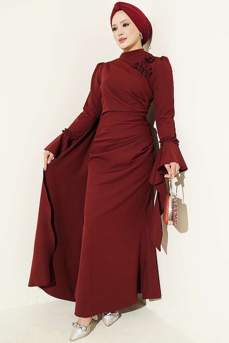 Floral Appliqué Cape-Style Evening Gown Burgundy
