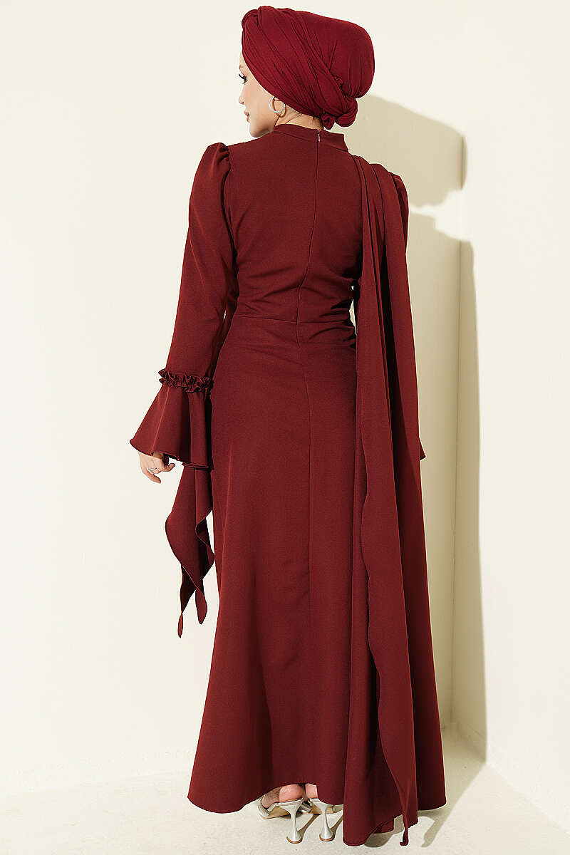 Floral Appliqué Cape-Style Evening Gown Burgundy - الصورة 3