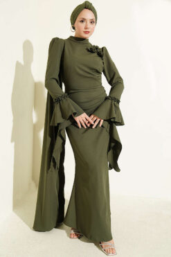Floral Appliqué Cape-Style Evening Gown Khaki