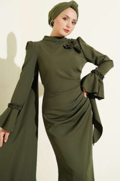 Alternative view of Floral Appliqué Cape-Style Evening Gown Khaki