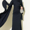 Floral Appliqué Cape-Style Evening Gown Navy Blue