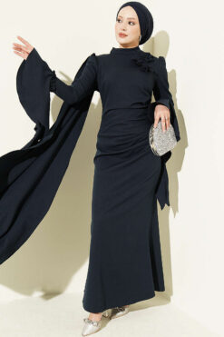 Floral Appliqué Cape-Style Evening Gown Navy Blue