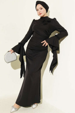 Floral Appliqué Cape-Style Evening Gown Black