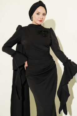 Alternative view of Floral Appliqué Cape-Style Evening Gown Black