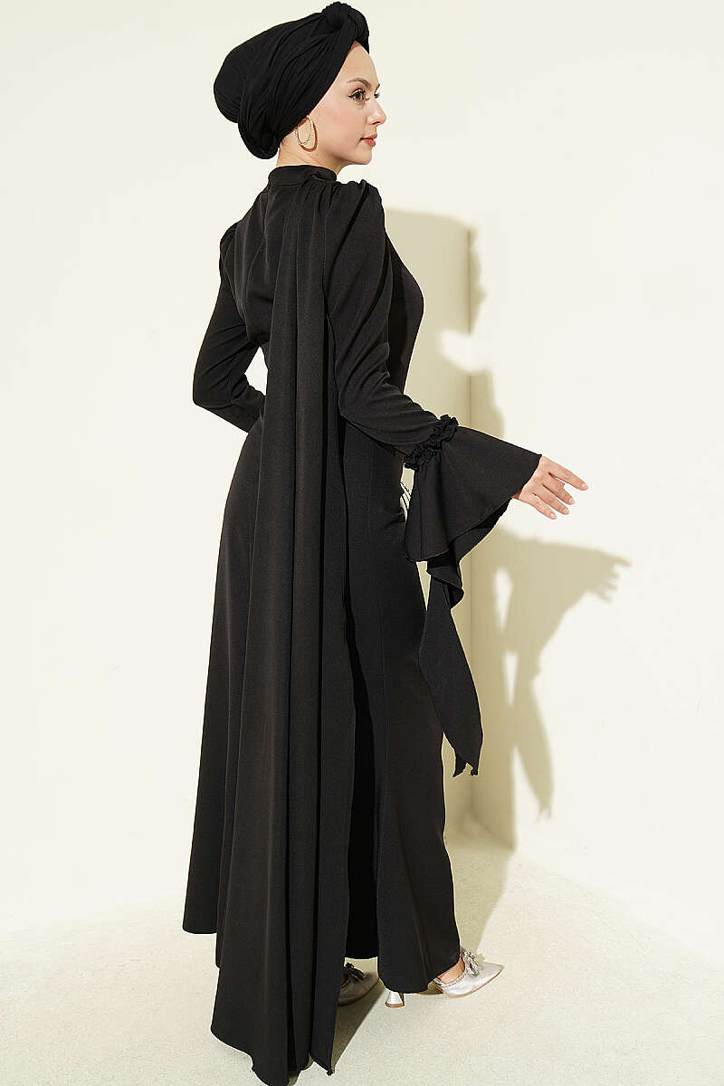 Floral Appliqué Cape-Style Evening Gown Black - Afbeelding 3